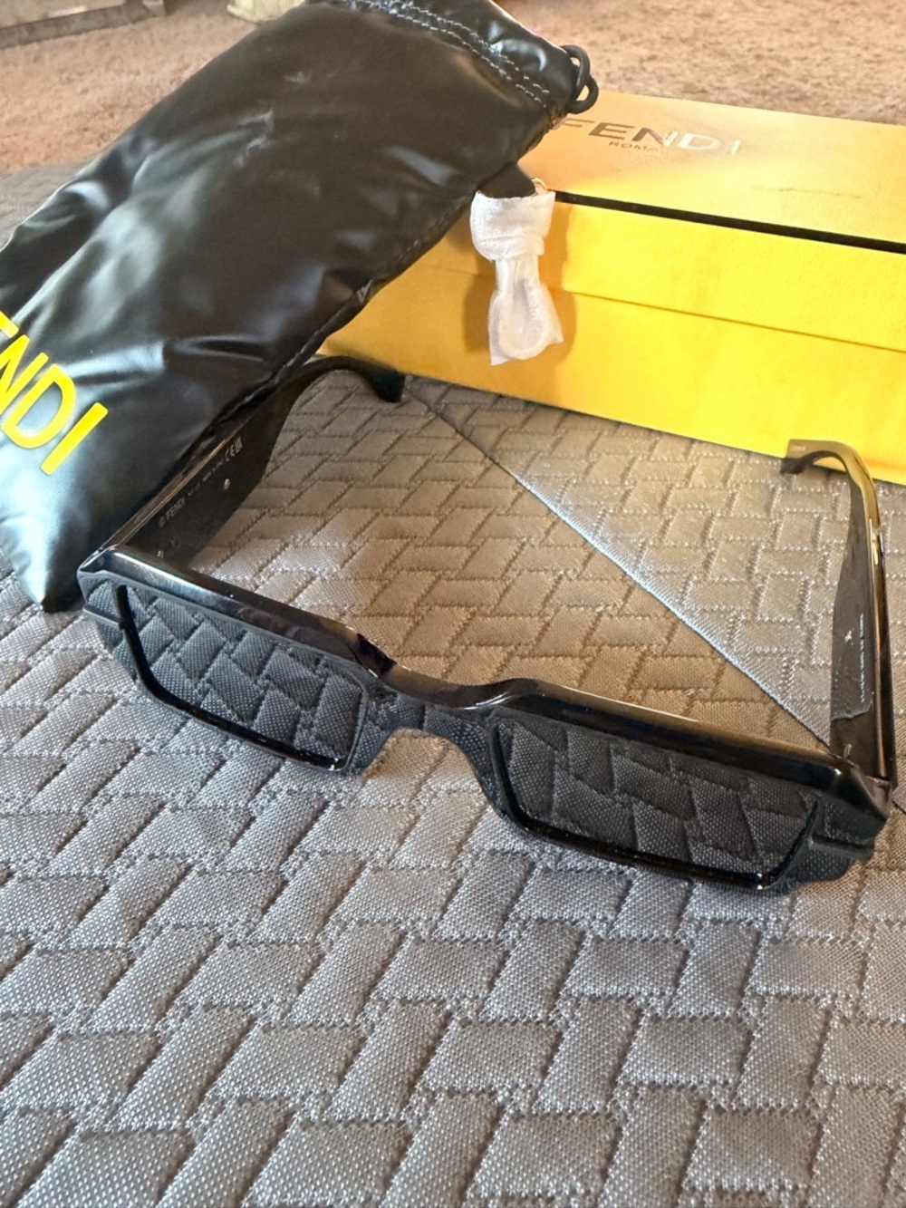 Fendi Glossy Black Rectangular Sunglasses Temple Detail